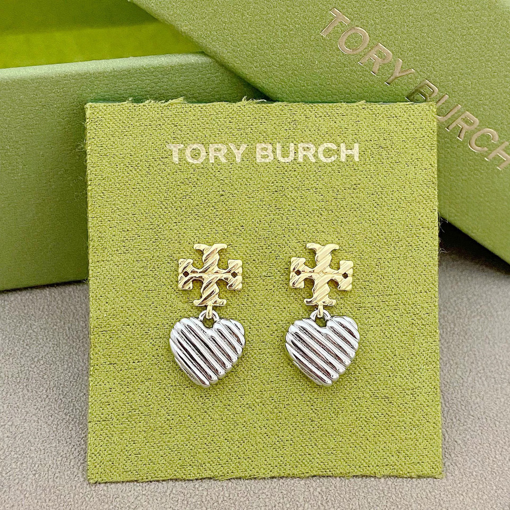 Tory Burch Geometric Inlaid Letter Heart Stud Earrings Titanium Steel Vintage